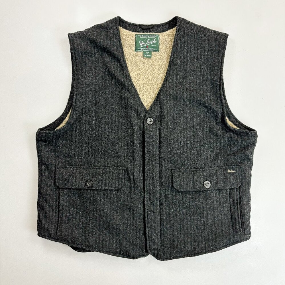 WOOLRICH Pinstripe Wool Vest XL Faux Sherpa Lined Hidden Zip Outdoor Wear Gray